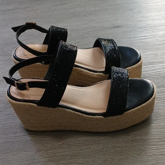 Comfort Est 1945 Black Jeweled Strap Espadrille Wedge Sandals Sz 8M NWT - Picture 7 of 12
